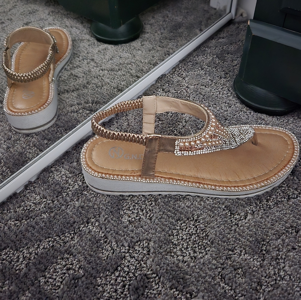 Tan and Silver Rhinestone Sandals with Ankle Strap